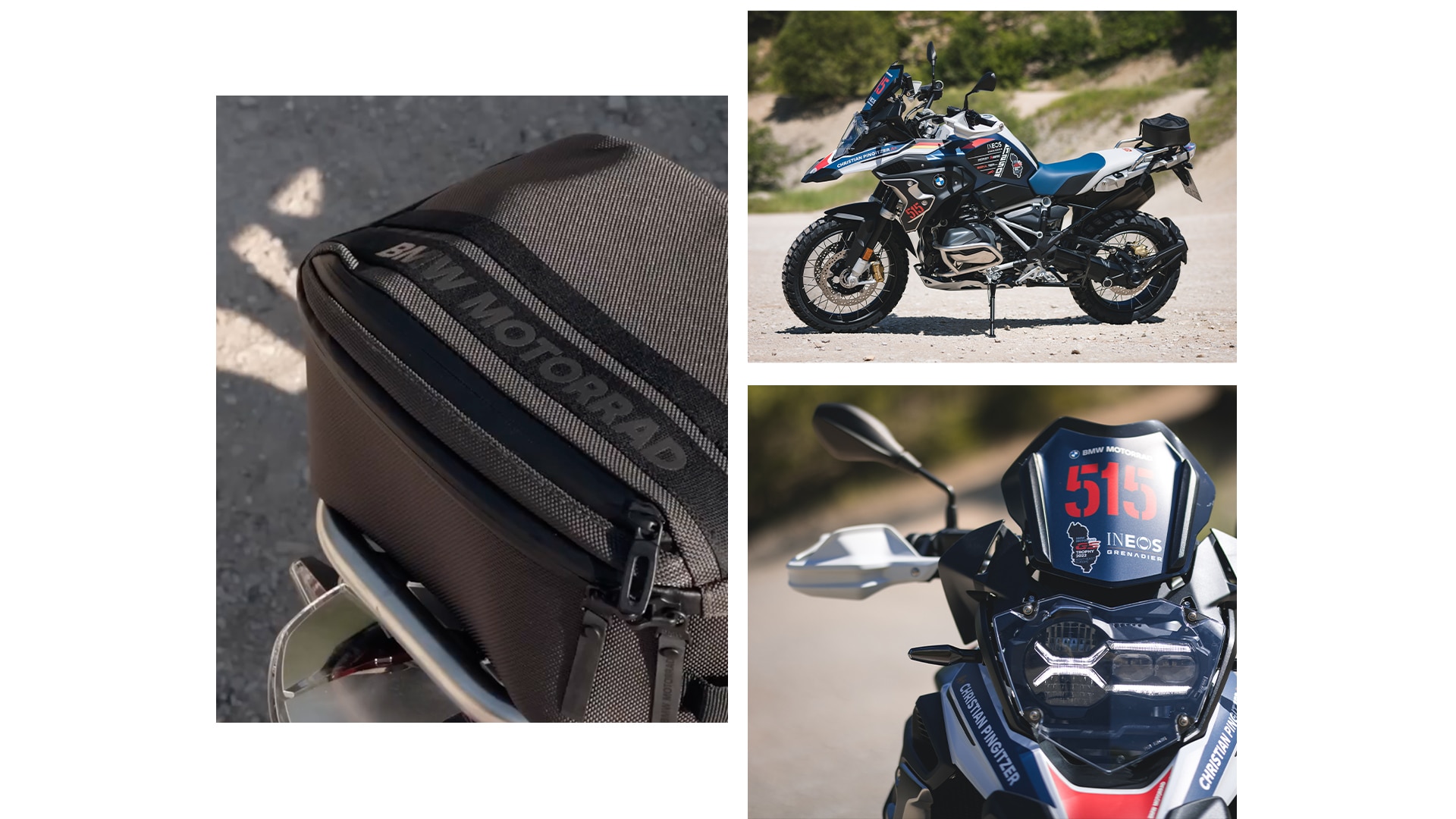 Detailed shots of the bike, such as the engine guard, the headlight protective apron and the bike in profile