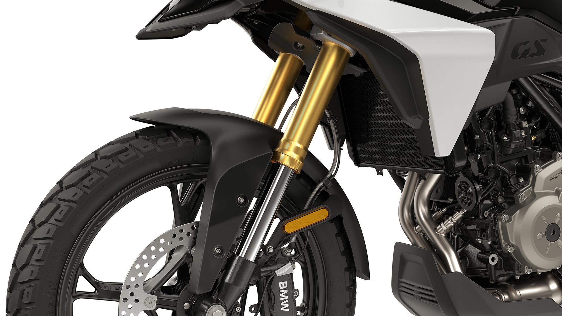 The 43 mm, gold anodised upside-down fork of the F 450 GS from BMW Motorrad