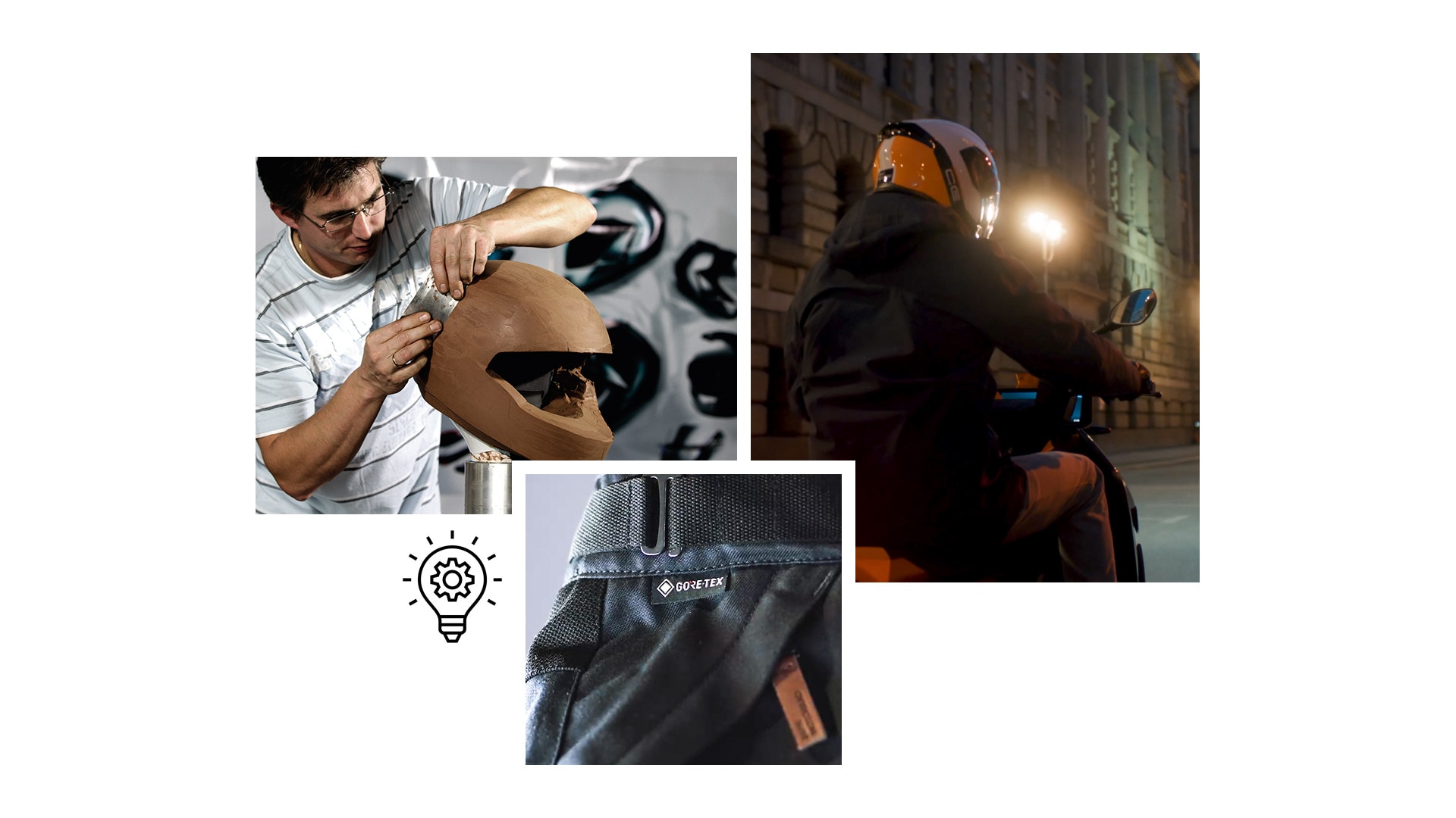 Collage with BMW Motorrad innovations, such as the Tokyo Connect GTX jacket